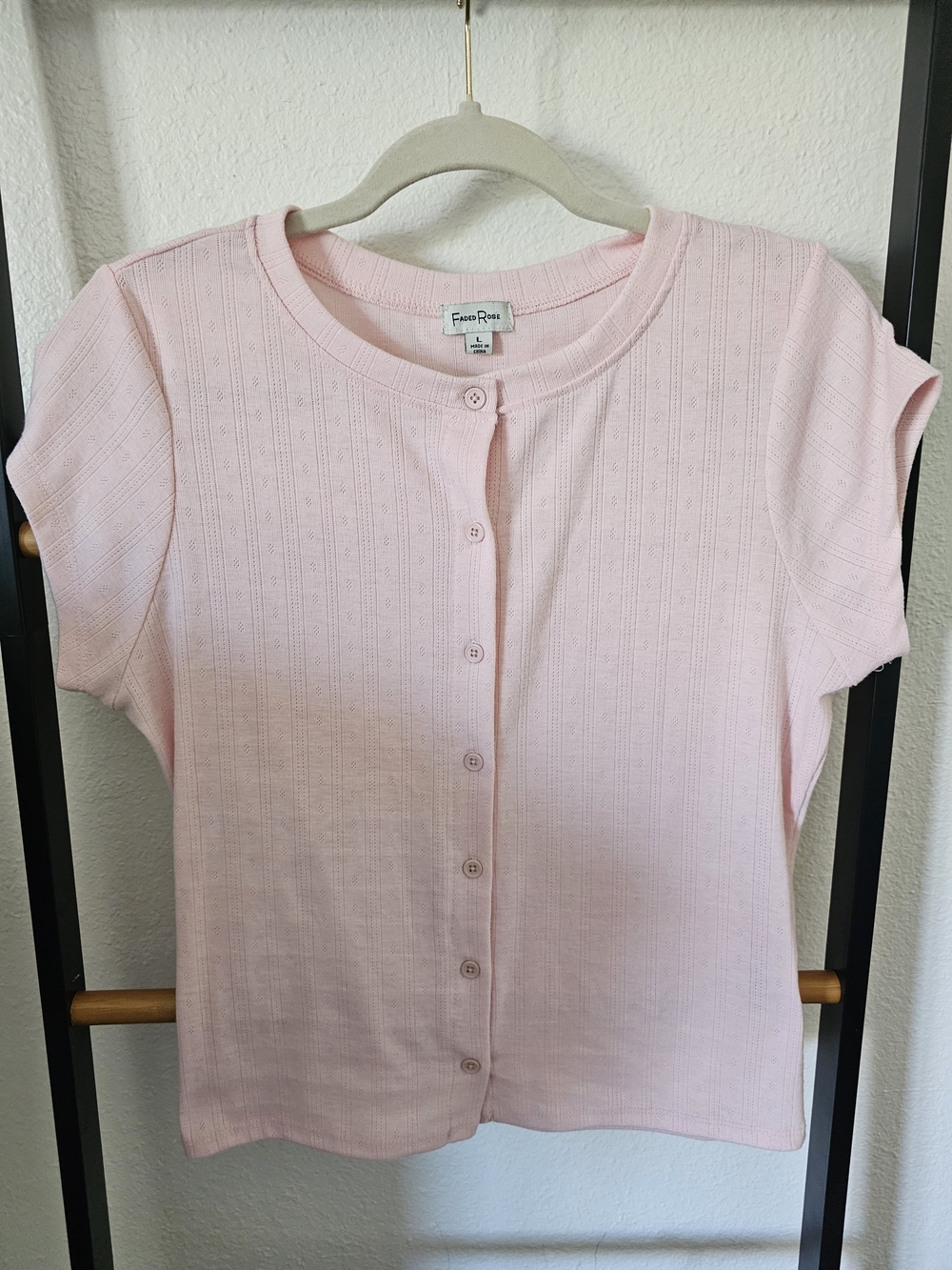Round-Neck Button-Front Top in Light Pink